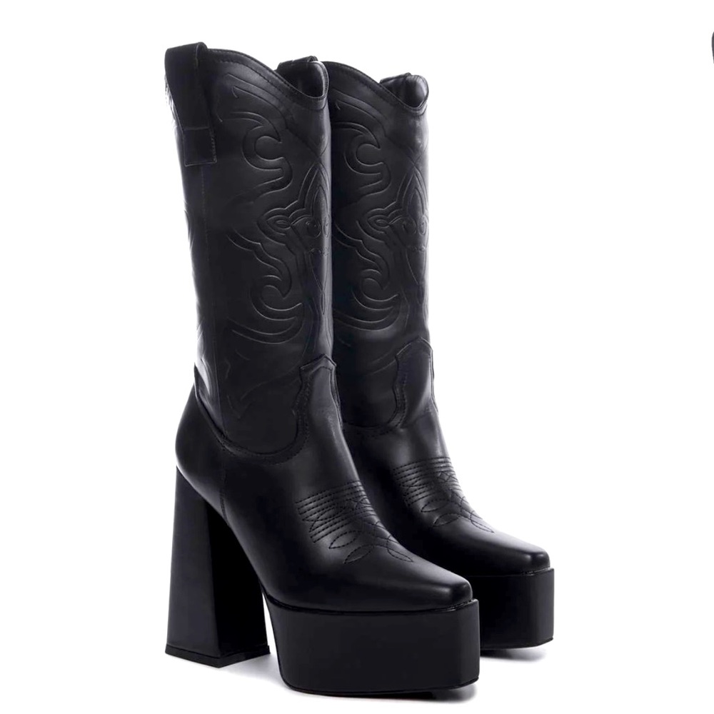 Platform Cowboy Boots - Vegan leather, embroidered detailing, 5.5 in heel